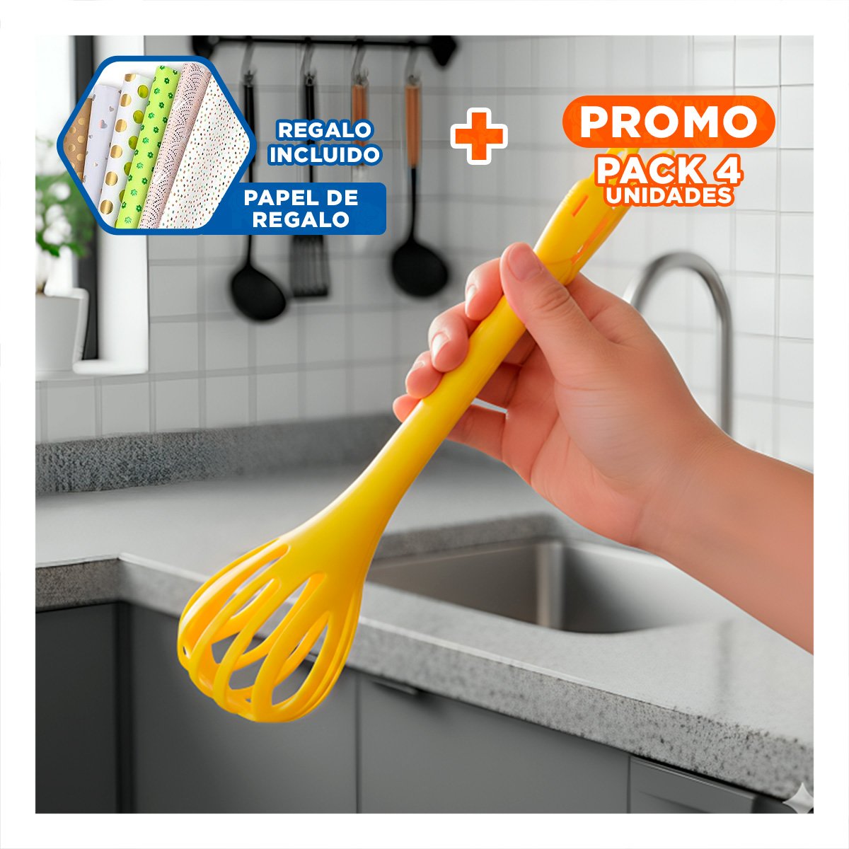 PACK4 HERRAMIENTA DE COCINA CON DEPOSITO 1000 ML COLOR CELESTE Y+PAPEL REGALO - 1