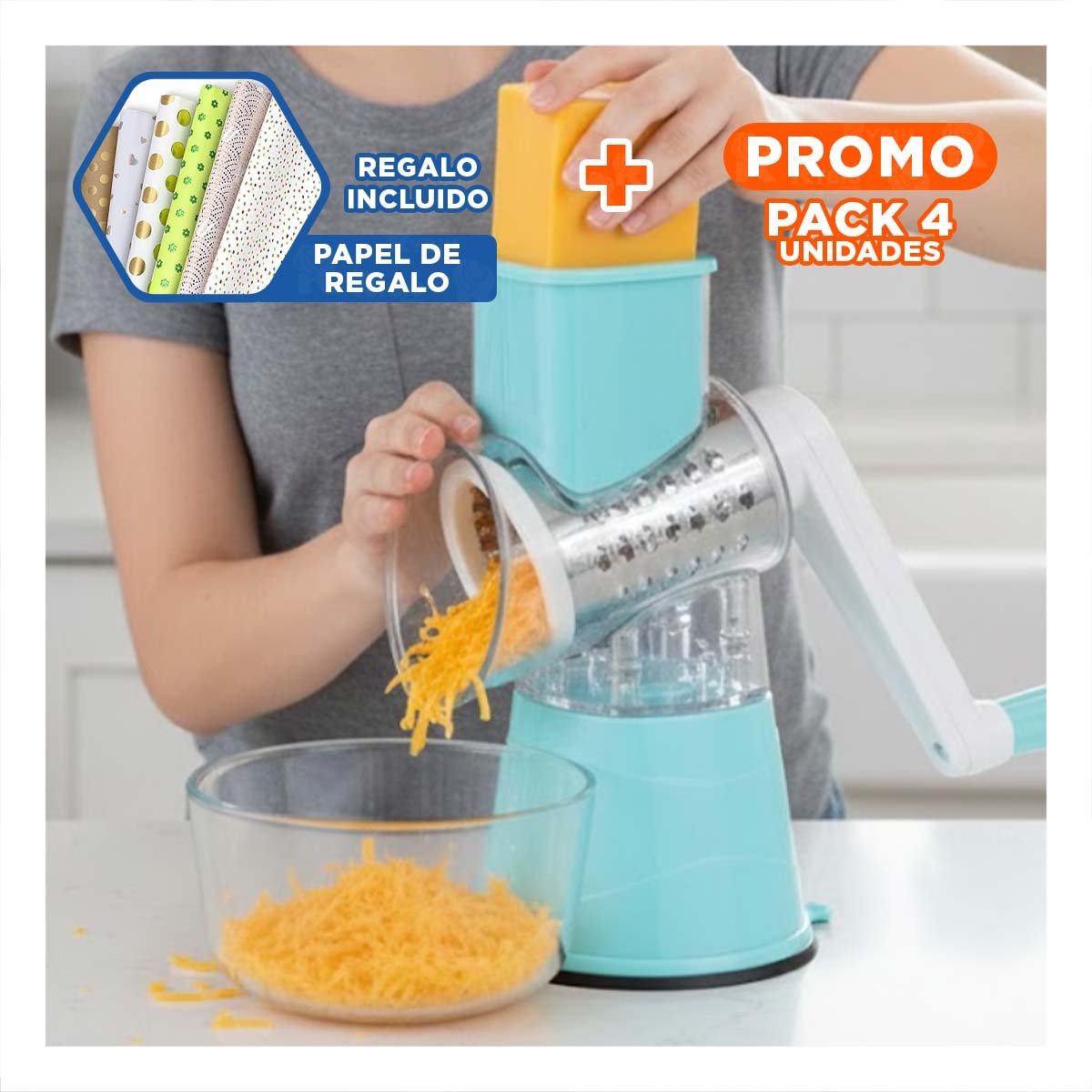 PACK4 HERRAMIENTA DE COCINA CON DEPOSITO 1000 ML COLOR CELESTE Y+PAPEL REGALO - 1