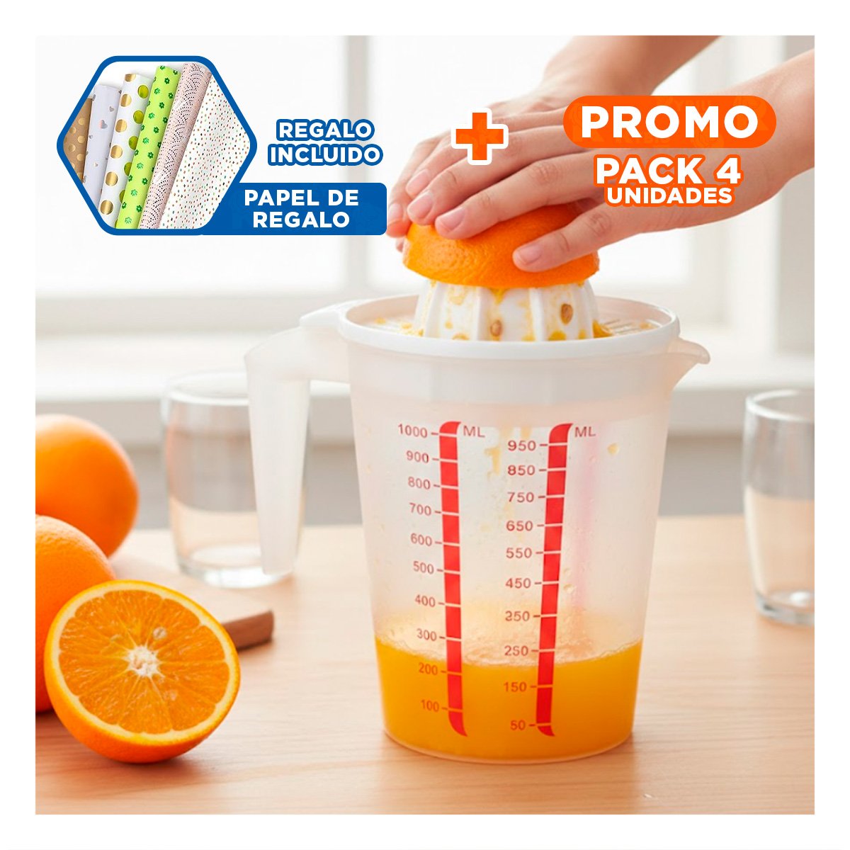 PACK4 HERRAMIENTA DE COCINA CON DEPOSITO 1000 ML COLOR CELESTE Y+PAPEL REGALO - 1