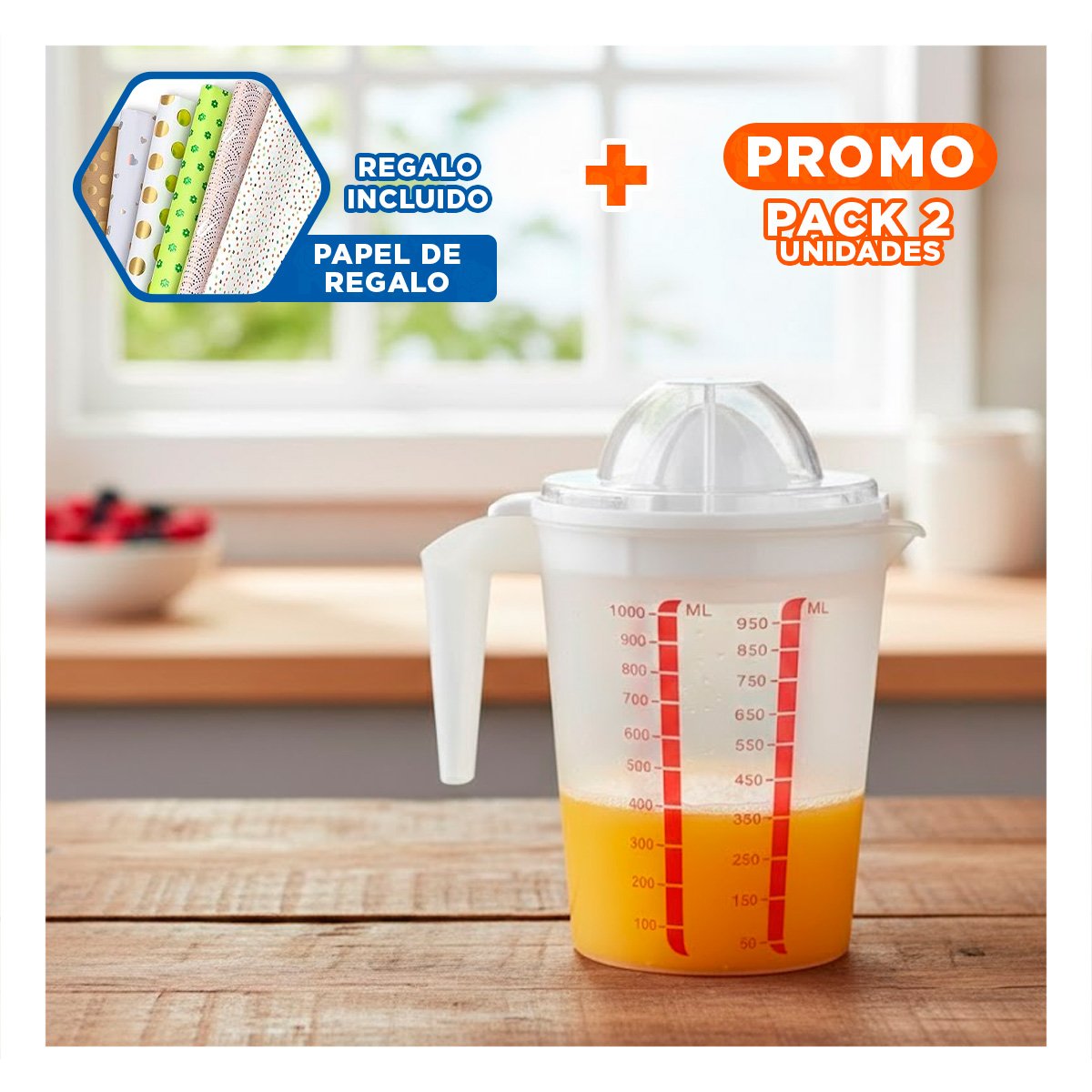 PACK2 ACCESORIO FUNCIONAL CON RECIPIENTE 1000 ML PARA COCINA CELESTE Y+PAPEL REGALO - 1