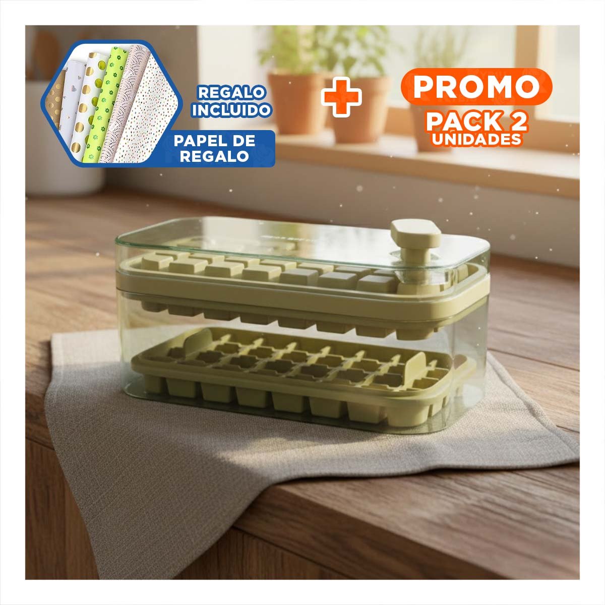 PACK2 CONTENEDOR MORADO PARA CUBOS DE HIELO CON PRACTICO CLIC Y+PAPEL REGALO - 1
