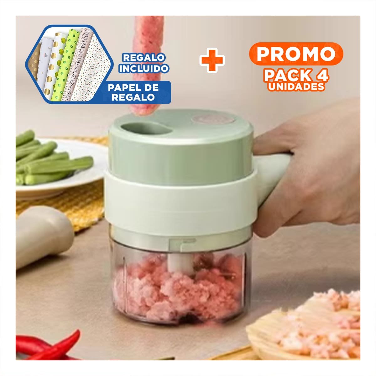 PACK4 HERRAMIENTA DE COCINA CON DEPOSITO 1000 ML COLOR CELESTE Y+PAPEL REGALO - 1