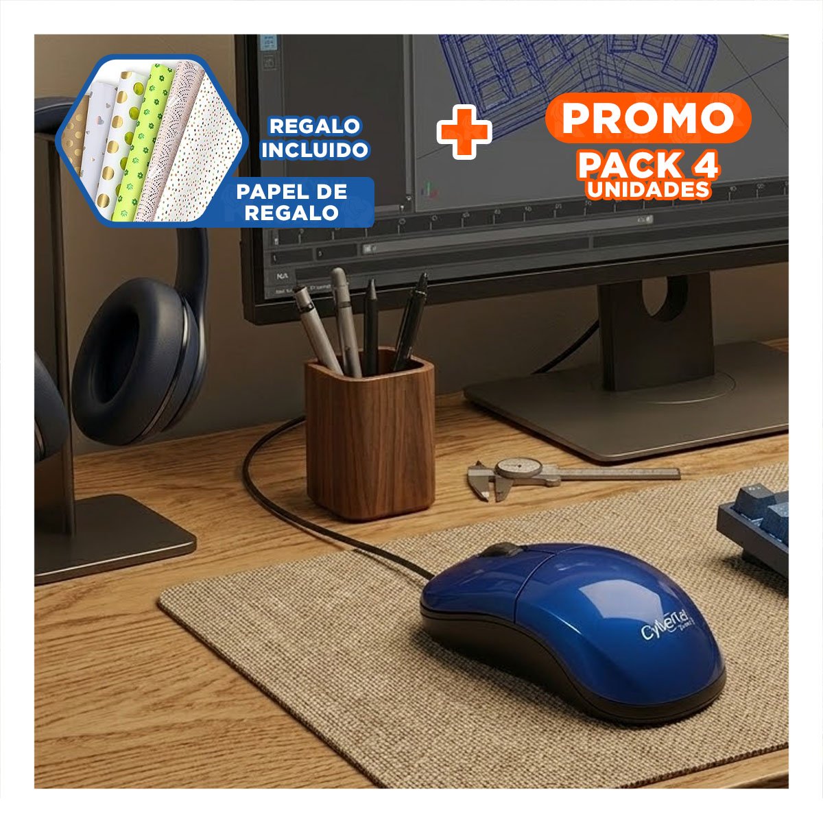 PACK4 MINI MOUSE AZUL PORTATIL CON SENSOR NÍTIDO Y CONTROL TOTAL Y+PAPEL REGALO - 1