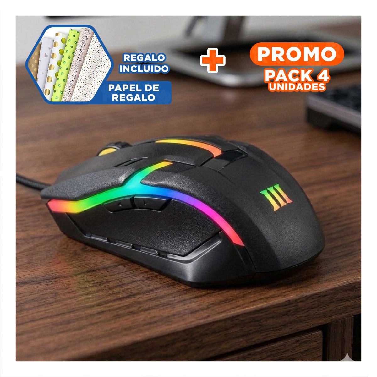 PACK4 APUNTADOR GAMING CON LUCES LED Y MOVIMIENTO PRECISO PARA COMPUTADORA Y+PAPEL REGALO - 1