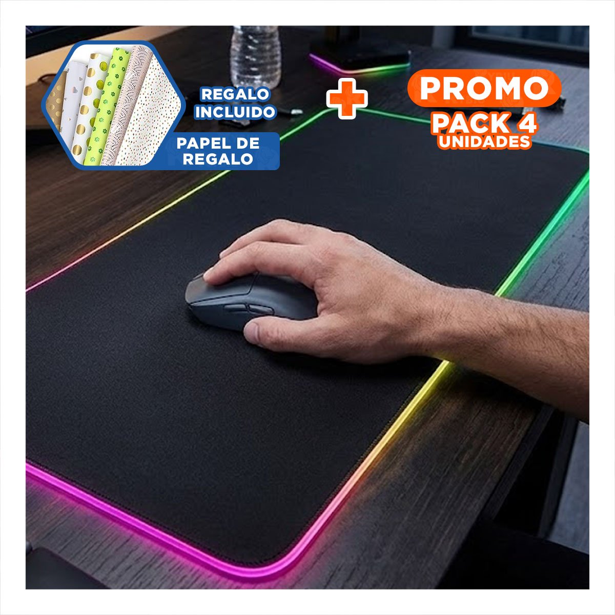 PACK4 SUPERFICIE GAMER RGB CON LUCES LED ALTA CALIDAD Y PRECISION Y+PAPEL REGALO - 1