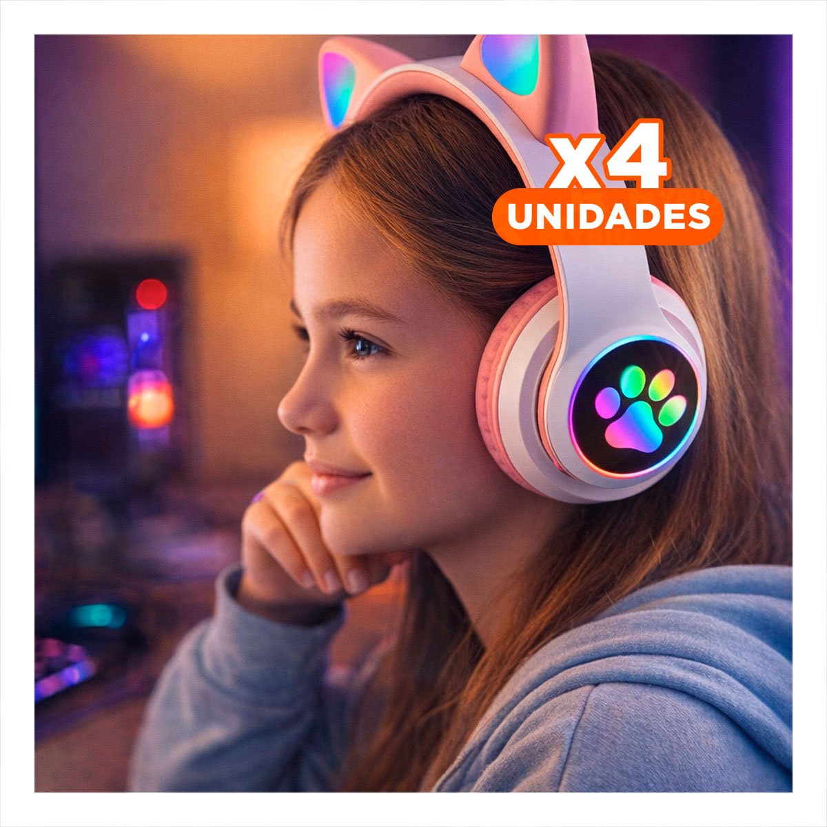 PACK4 AUDIFONOS DEPORTIVOS TIPO GATO CON LUCES CON HUELLITAS PARA RELAJACION ROSADO - 1