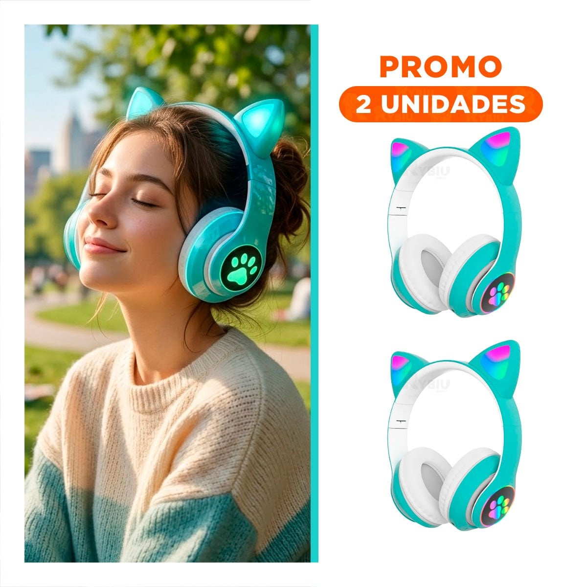 PACK2 AURICULAR BLUETOOTH TIPO GATO CON LUCES CON HUELLITAS PARA ACTIVIDAD COLOR VERDE - 1