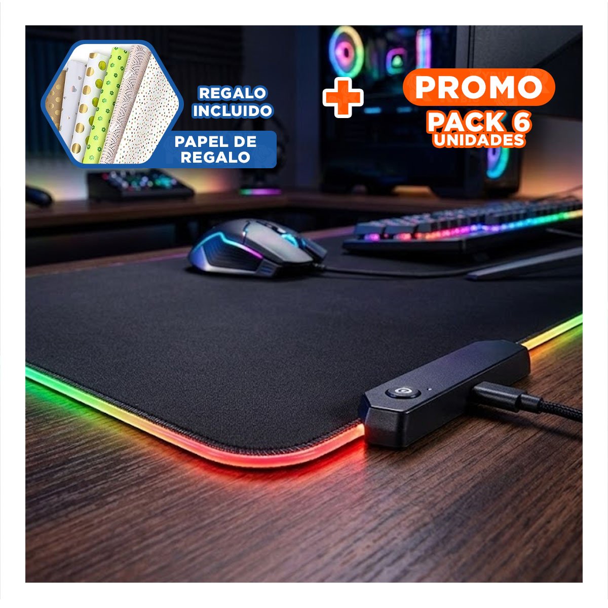 PACK6 TAPETE GAMER RGB CON LUCES LED RENDIMIENTO ESTABLE Y POTENTE Y+PAPEL REGALO - 1