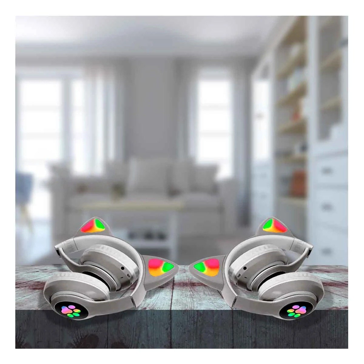 PACK4 AUDIFONOS DEPORTIVOS TIPO GATO CON LUCES CON HUELLITAS PARA RELAJACION PLOMO - 2