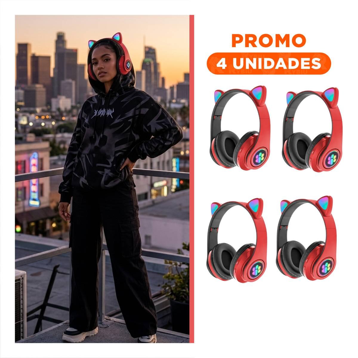 PACK4 HEADSET WIRELESS TIPO GATO CON LUCES CON HUELLITAS PARA ENTRENAR ROJO Y+REGALO STICKER - 1