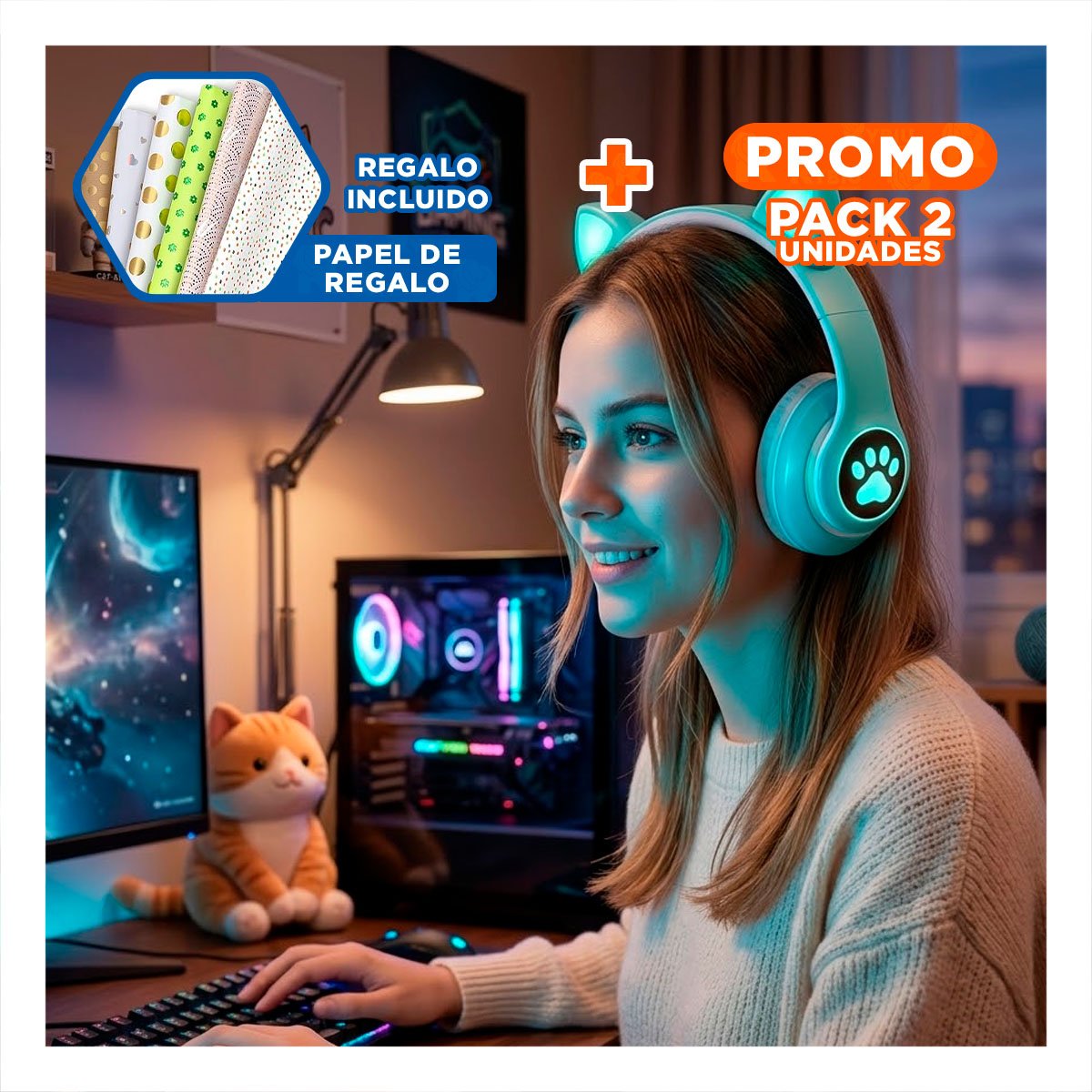 PACK2 HEADSET INALAMBRICO TIPO GATO CON LUCES CON HUELLITAS PARA MUSICA VERDE Y+PAPEL REGALO - 1