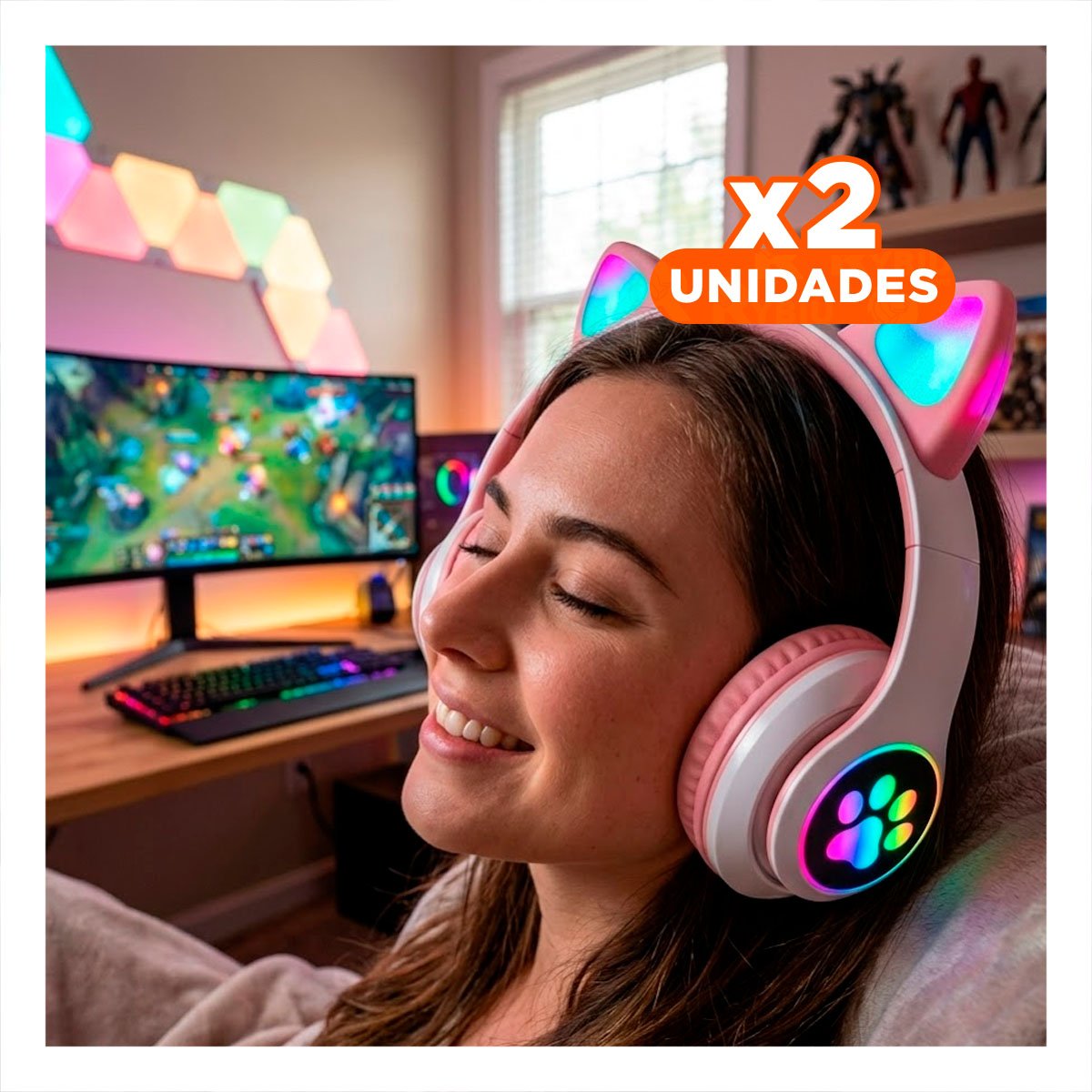 PACK2 CASCOS WIRELESS TIPO GATO CON LUCES CON HUELLITAS PARA JUEGOS ROSADO Y+REGALO STICKER - 1