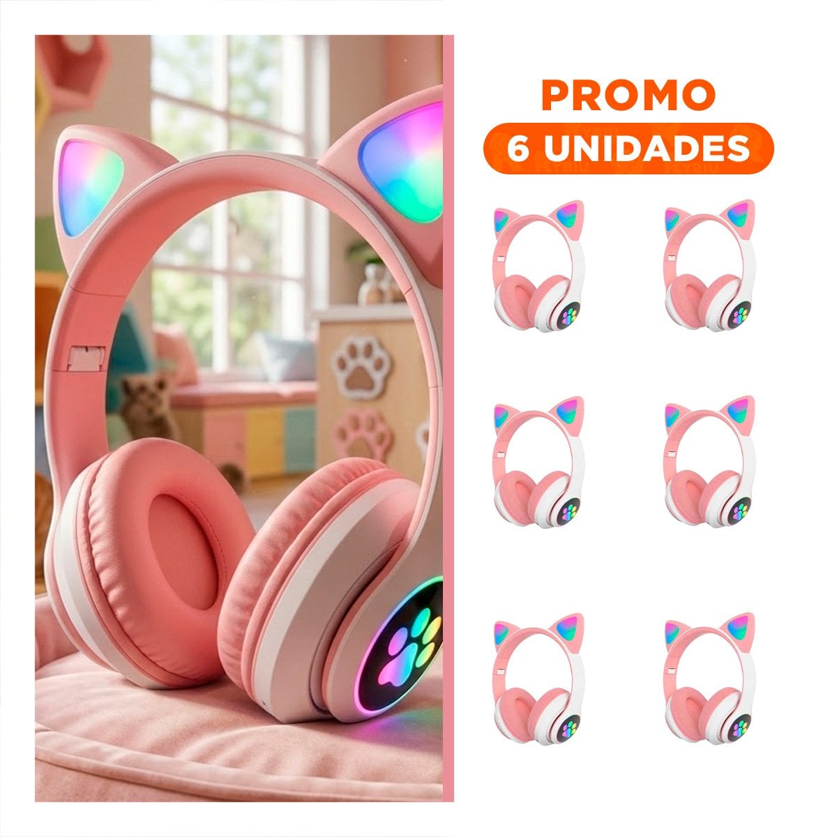 PACK6 AUDIFONOS INALAMBRICO TIPO GATO CON LUCES CON HUELLITAS PARA DIVERSION COLOR ROSADO - 1