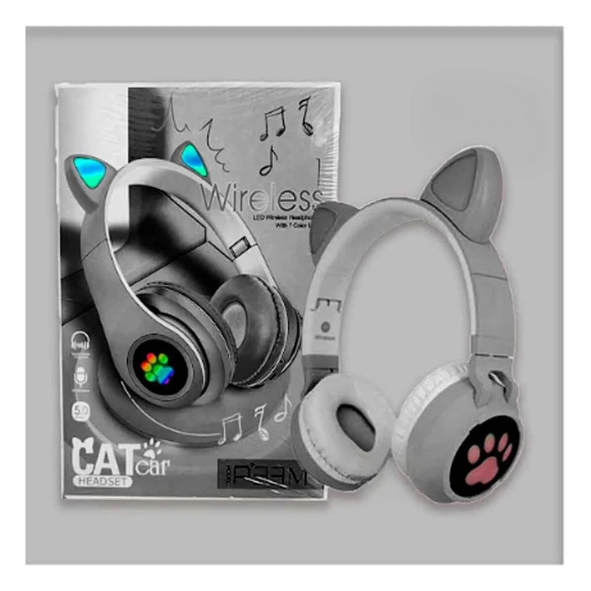 PACK2 AURICULAR BLUETOOTH TIPO GATO CON LUCES CON HUELLITAS PARA ACTIVIDAD COLOR PLOMO - 3