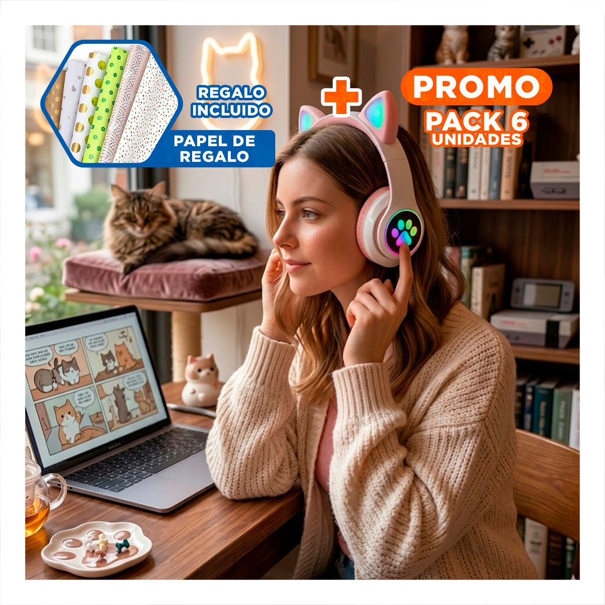 PACK6 AURICULAR WIRELESS TIPO GATO CON LUCES CON HUELLITAS COLOR ROSADO Y+PAPEL REGALO - 1