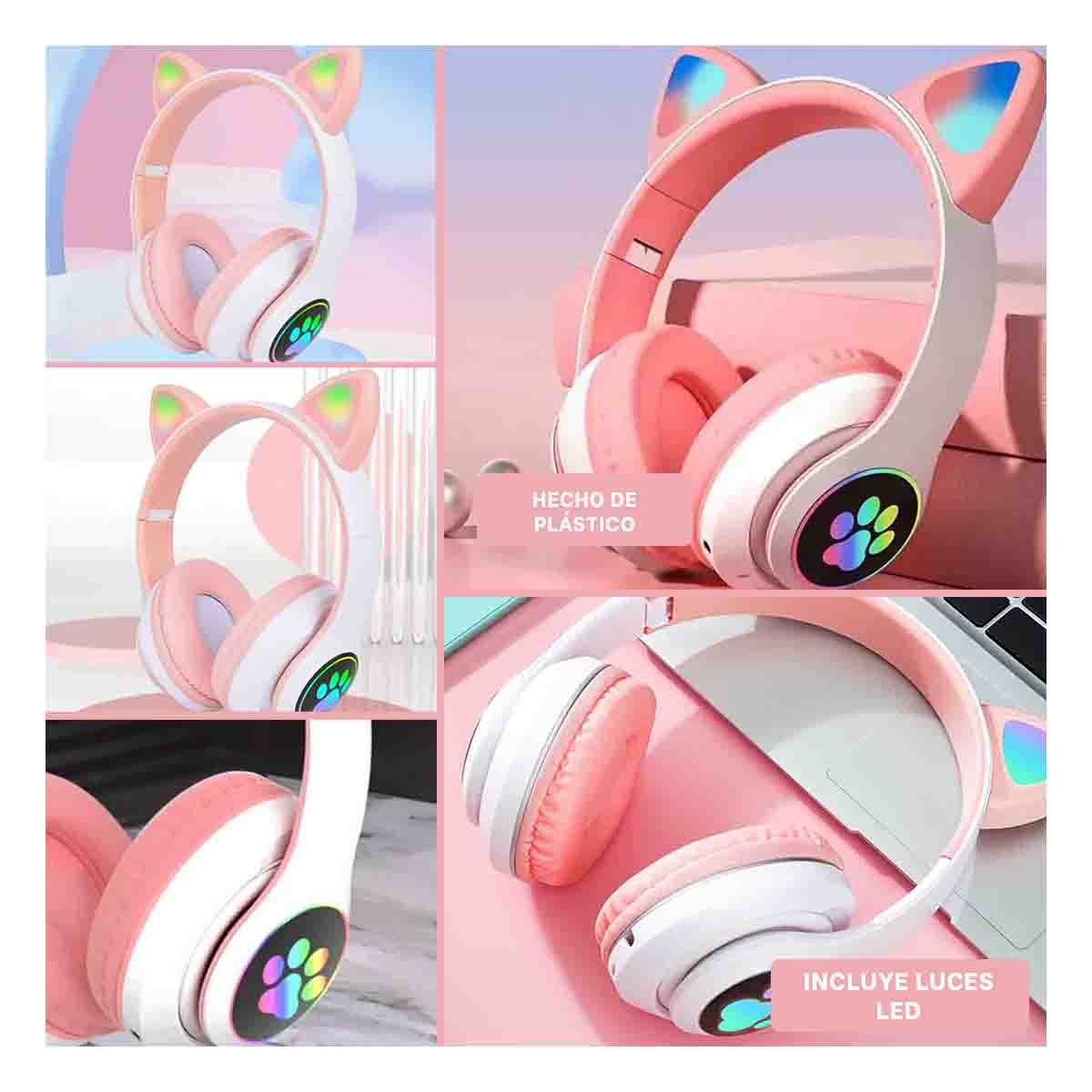 PACK6 AURICULAR WIRELESS TIPO GATO CON LUCES CON HUELLITAS COLOR ROSADO Y+PAPEL REGALO - 3