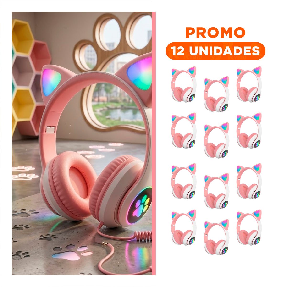 PACK12 AURICULAR DEPORTIVOS TIPO GATO CON LUCES CON HUELLITAS COLOR ROSADO Y+REGALO STICKER - 1