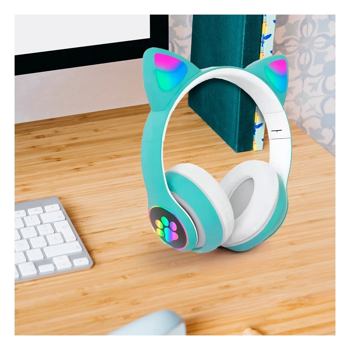 PACK4 HEADSET WIRELESS TIPO GATO CON LUCES CON HUELLITAS PARA ENTRENAR VERDE Y+REGALO STICKER - 5