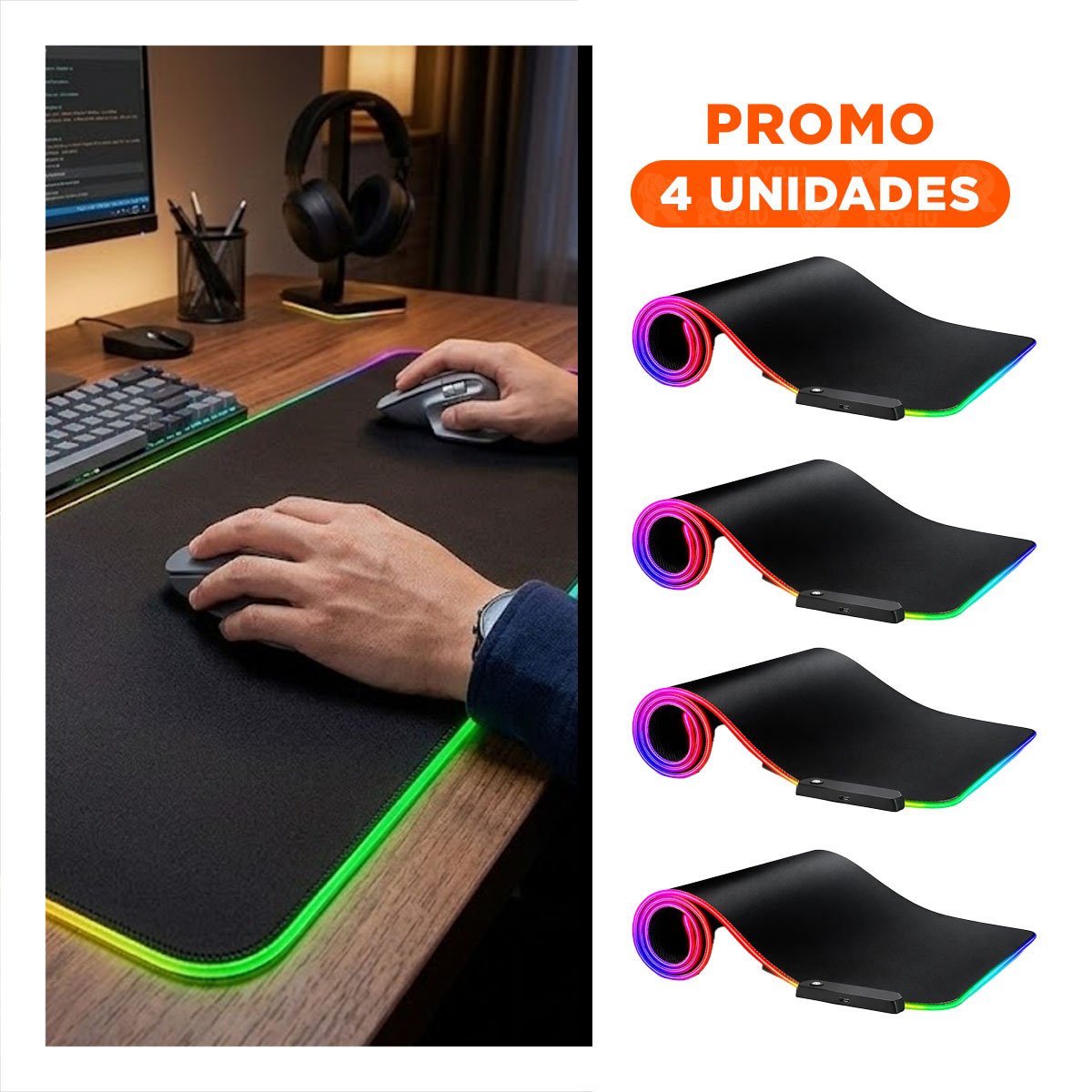 PACK4 MOUSE PAD GAMER RGB CON LUCES LED TECNOLOGIA PORTATIL Y MODERNA Y+REGALO STICKER - 1