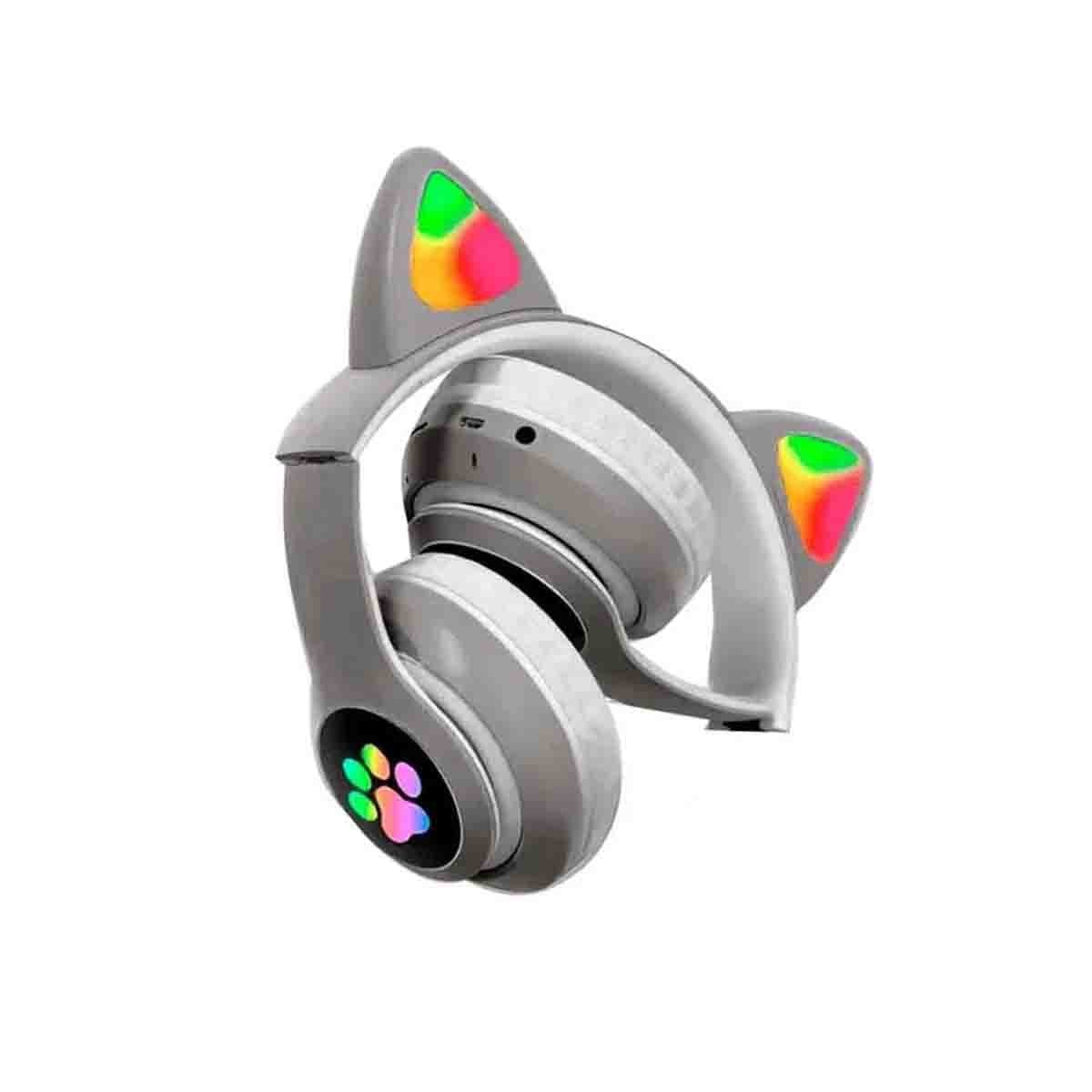 AURICULAR INALAMBRICO TIPO GATO CON LUCES CON HUELLITAS PARA AUDIO COLOR PLOMO Y+PAPEL REGALO - 1