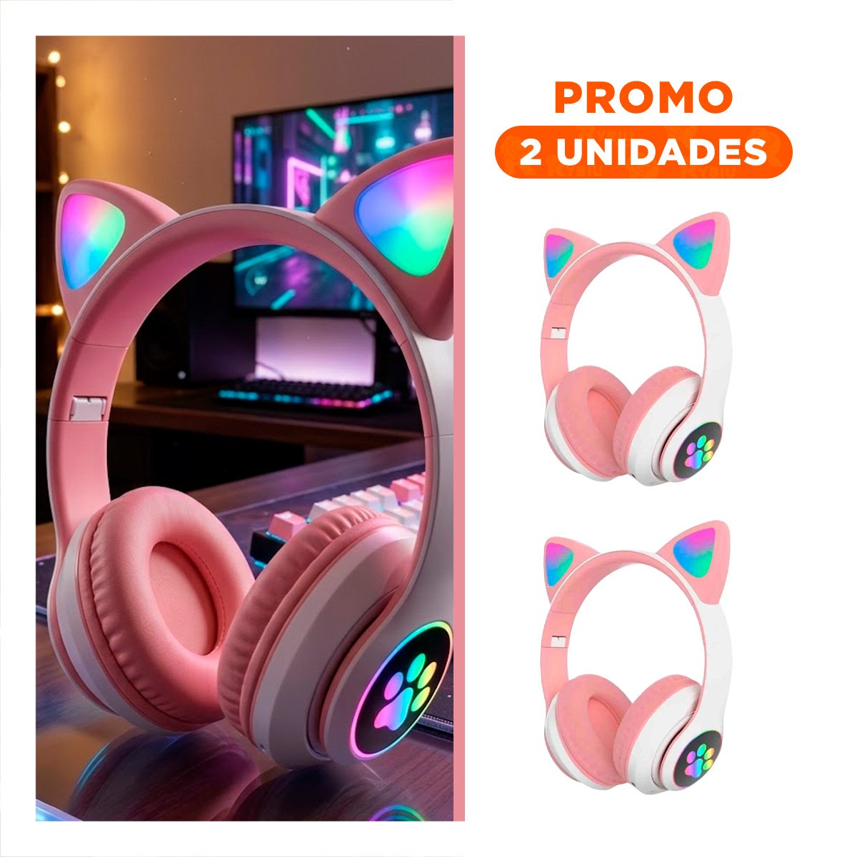 PACK2 AURICULAR BLUETOOTH TIPO GATO CON LUCES CON HUELLITAS PARA ACTIVIDAD COLOR ROSADO - 1