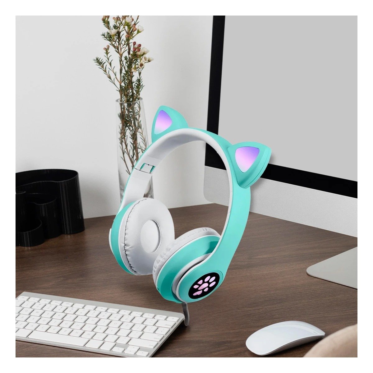 CASCOS WIRELESS TIPO GATO CON LUCES CON HUELLITAS PARA DIVERSION COLOR VERDE Y+LIGAS REGALO - 1