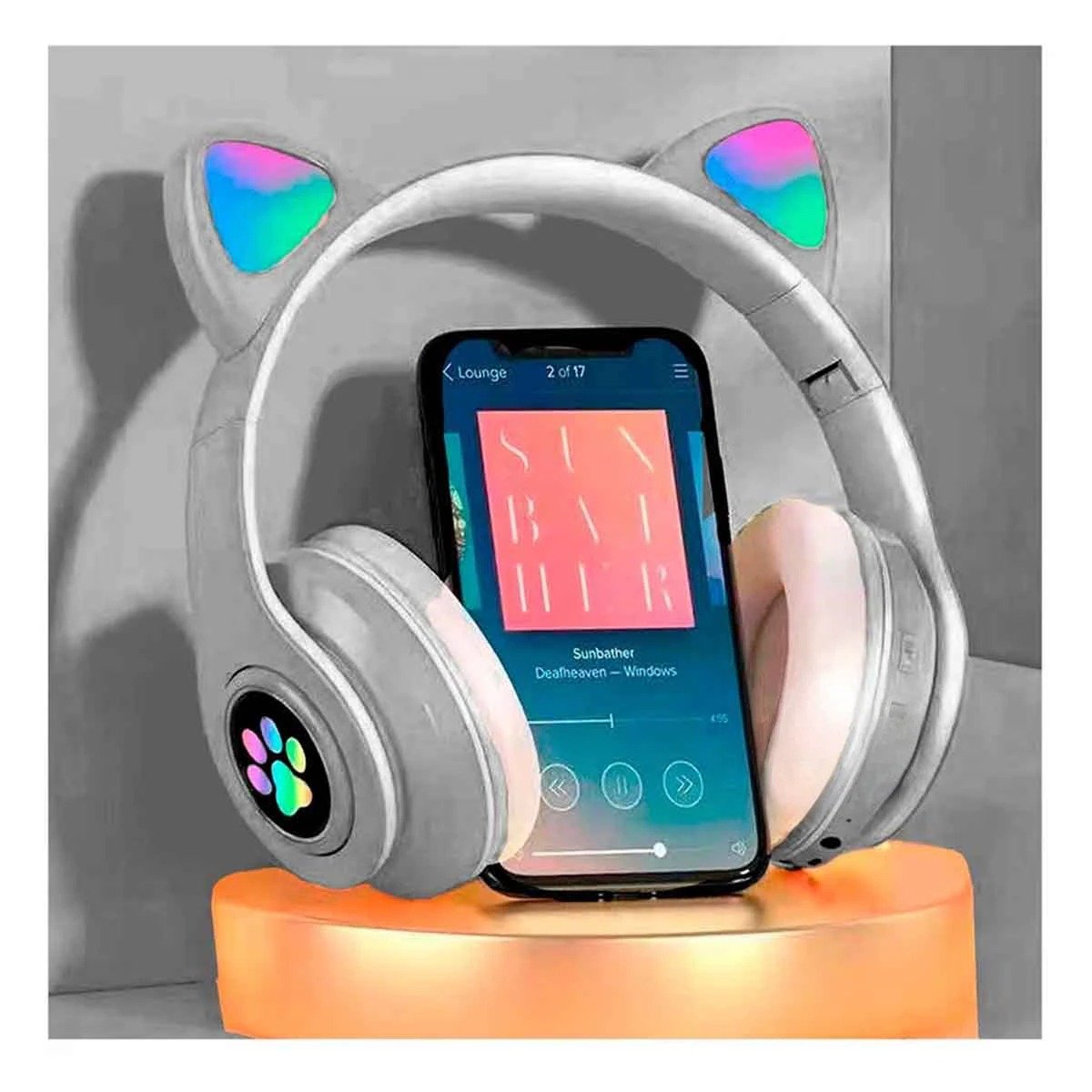 PACK2 HEADSET INALAMBRICO TIPO GATO CON LUCES CON HUELLITAS PARA MUSICA PLOMO Y+PAPEL REGALO - 2