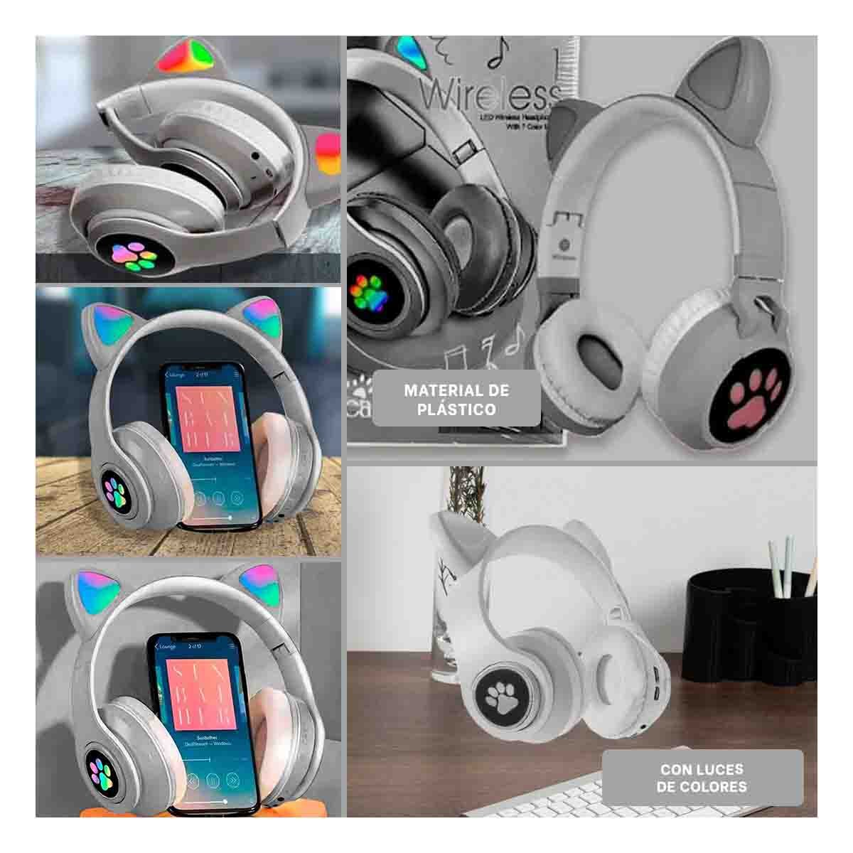 PACK2 HEADSET INALAMBRICO TIPO GATO CON LUCES CON HUELLITAS PARA MUSICA PLOMO Y+PAPEL REGALO - 3