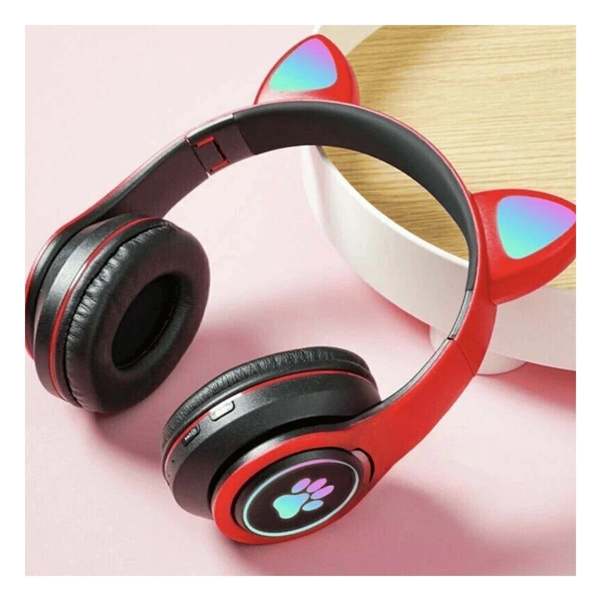 PACK2 CASCOS WIRELESS TIPO GATO CON LUCES CON HUELLITAS PARA JUEGOS COLOR ROJO Y+REGALO STICKER - 3