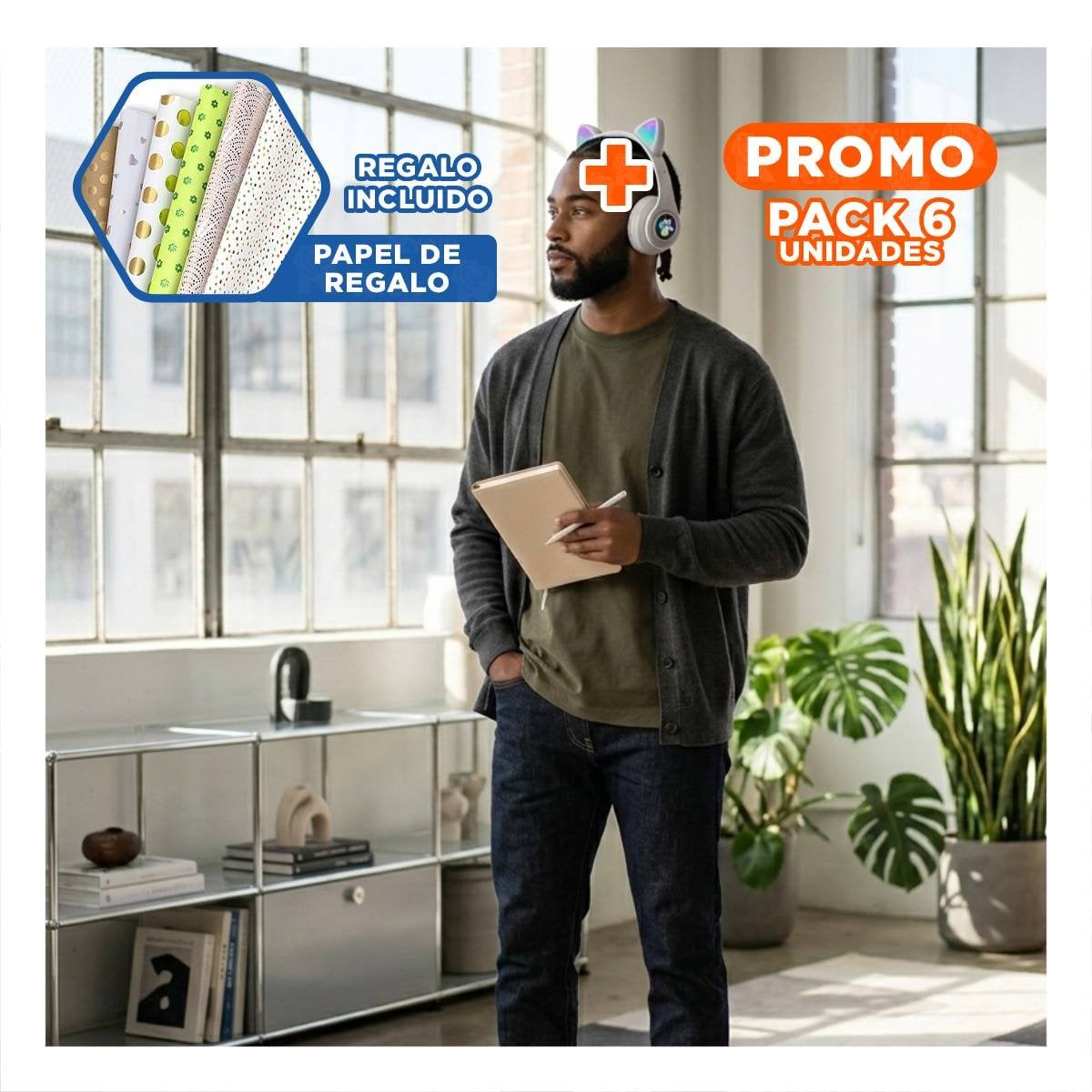 PACK6 AURICULAR WIRELESS TIPO GATO CON LUCES CON HUELLITAS PARA EJERCICIOS PLOMO Y+PAPEL REGALO - 1