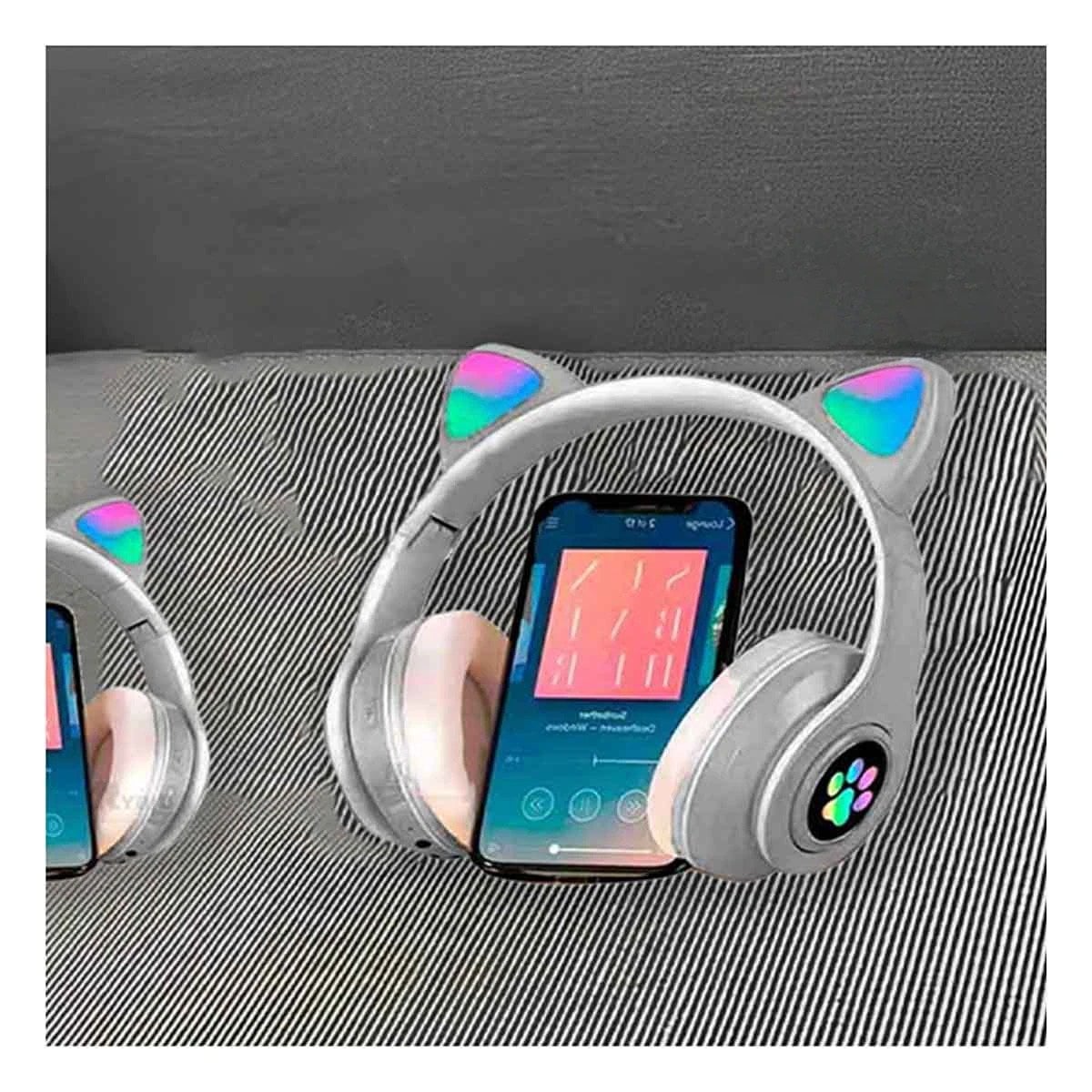 PACK6 AURICULAR WIRELESS TIPO GATO CON LUCES CON HUELLITAS PARA EJERCICIOS PLOMO Y+PAPEL REGALO - 2