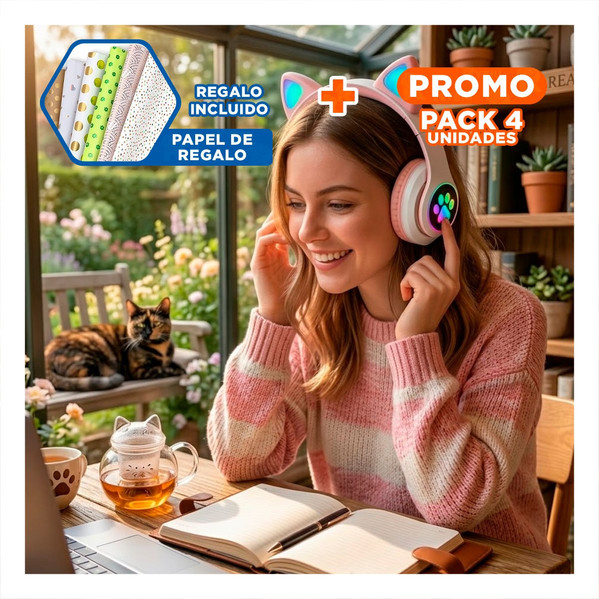 PACK4 AURICULAR STEREO TIPO GATO CON LUCES CON HUELLITAS PARA AUDIO COLOR ROSADO Y+PAPEL REGALO - 1