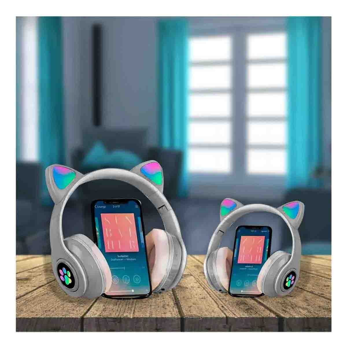 PACK4 AURICULAR STEREO TIPO GATO CON LUCES CON HUELLITAS PARA AUDIO COLOR PLOMO Y+PAPEL REGALO - 2