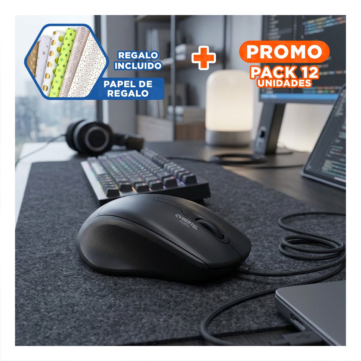 PACK12 CONTROL NEGRO INALAMBRICO COMPACTO CON DISEÑO ERGONOMICO Y LUCES LED Y+PAPEL REGALO - 1