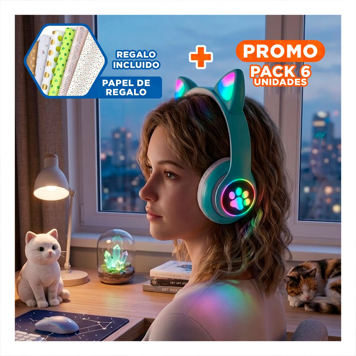 PACK6 AURICULAR WIRELESS TIPO GATO CON LUCES CON HUELLITAS PARA EJERCICIOS VERDE Y+PAPEL REGALO - 1