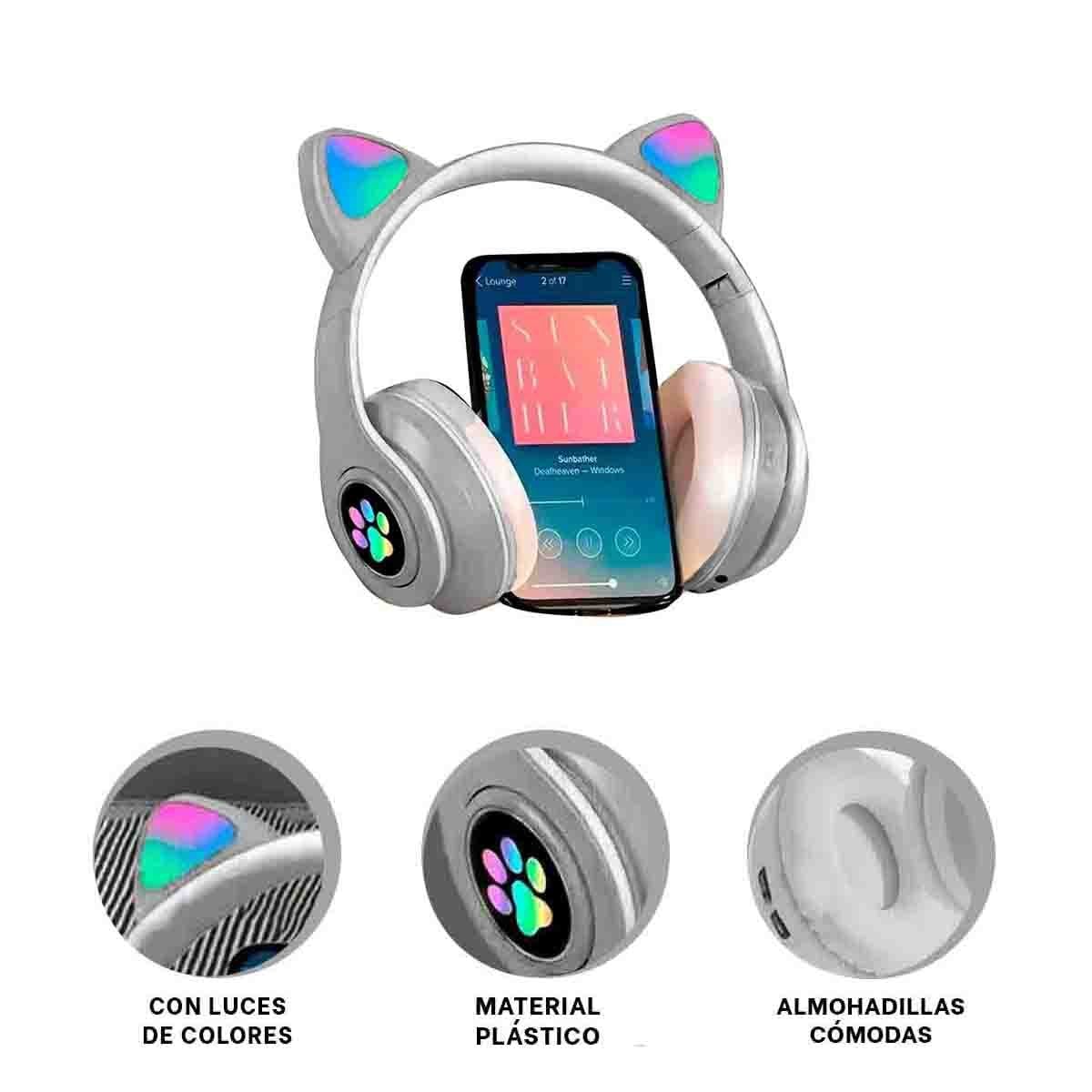 AUDIFONOS TIPO GATO CON LUCES CON HUELLITAS PARA MUSICA Y JUEGO PLOMO - 3