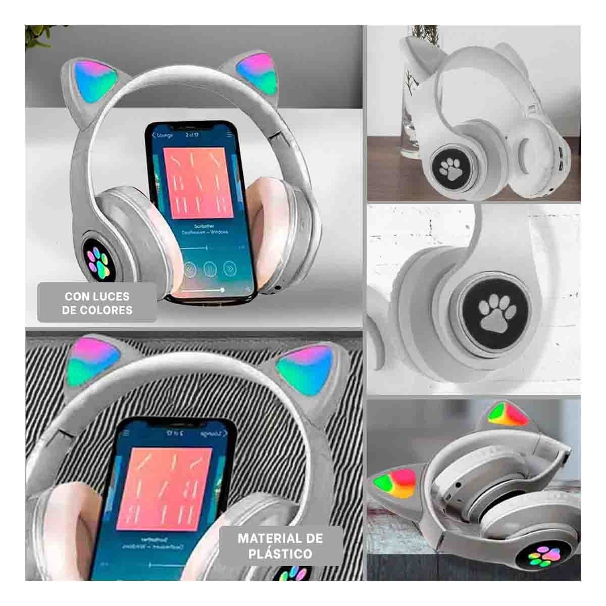AUDIFONOS TIPO GATO CON LUCES CON HUELLITAS PARA MUSICA Y JUEGO PLOMO - 5