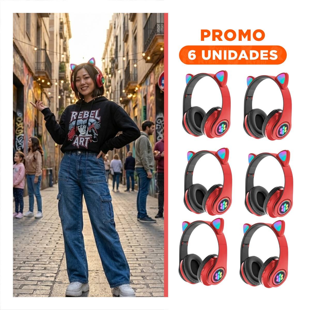 PACK6 AUDIFONOS INALAMBRICO TIPO GATO CON LUCES CON HUELLITAS PARA DIVERSION COLOR ROJO - 1