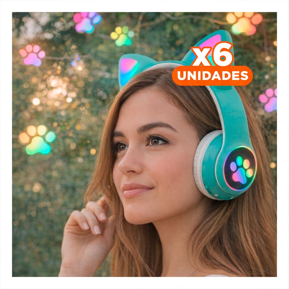 PACK6 HEADSET BLUETOOTH TIPO GATO CON LUCES CON HUELLITAS PARA LLAMADAS VERDE Y+REGALO STICKER - 1