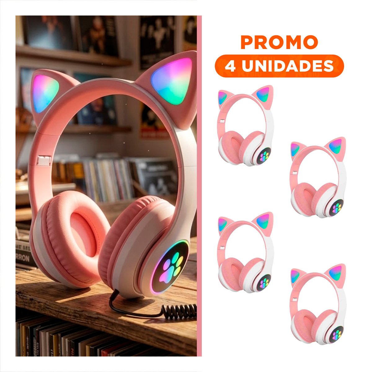 PACK4 HEADSET WIRELESS TIPO GATO CON LUCES CON HUELLITAS PARA ENTRENAR ROSADO Y+REGALO STICKER - 1