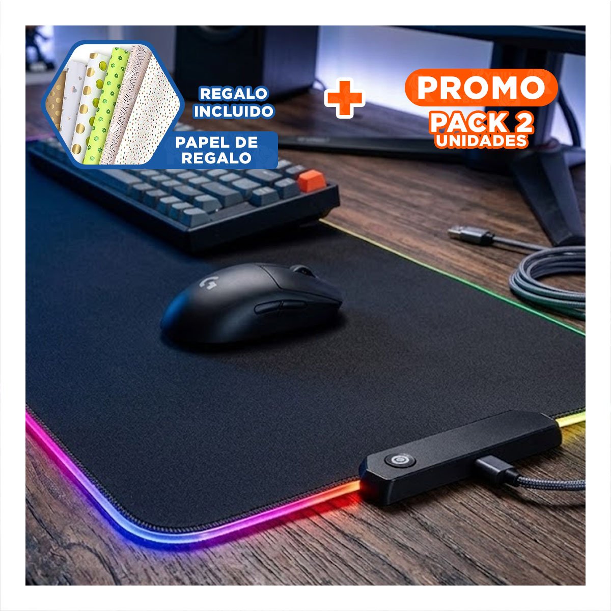 PACK2 ALFOMBRILLA GAMER RGB CON LUCES LED TECNOLOGIA MODERNA PARA PC Y+PAPEL REGALO - 1