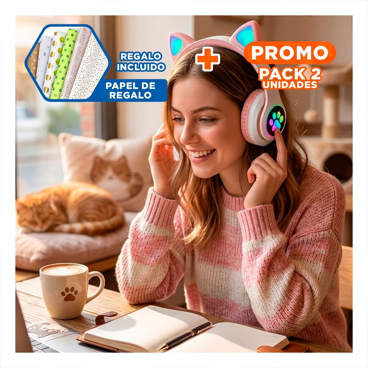 PACK2 HEADSET INALAMBRICO TIPO GATO CON LUCES CON HUELLITAS PARA MUSICA ROSADO Y+PAPEL REGALO - 1