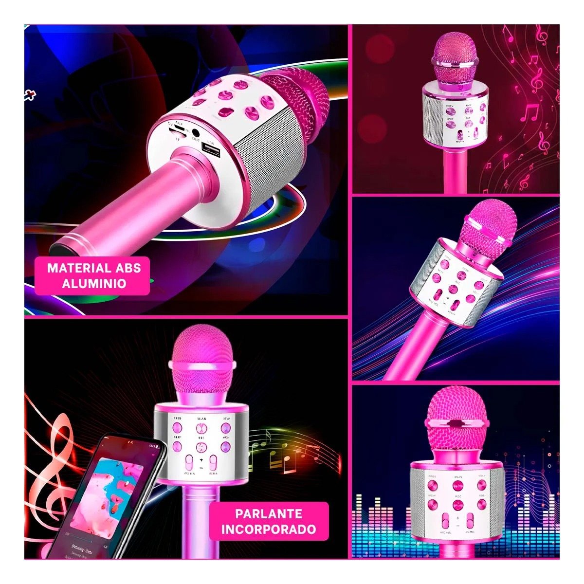 PACK6 INALAMBRICO MICROFONO BLUETOOTH ROSA CON PARLANTE PARA CANTAR KARAOKE Y+PAPEL REGALO - 3