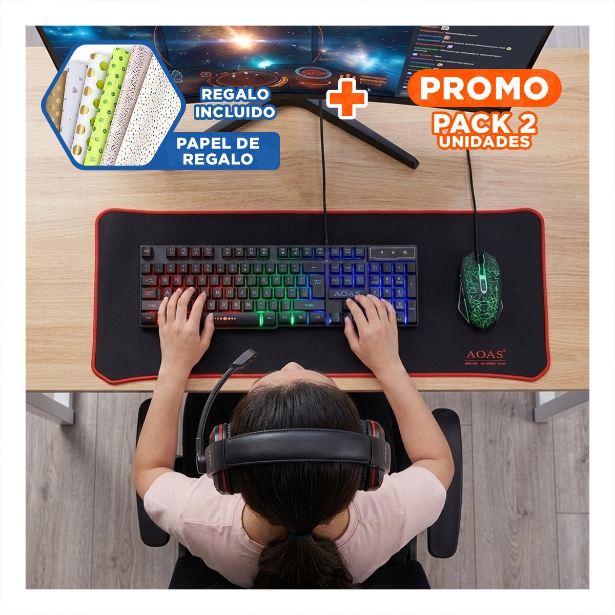 PACK2 KIT GAMER ULTRA 4 EN 1 CON LUCES RGB PARA JUEGOS Y STREAMING Y+PAPEL REGALO - 1