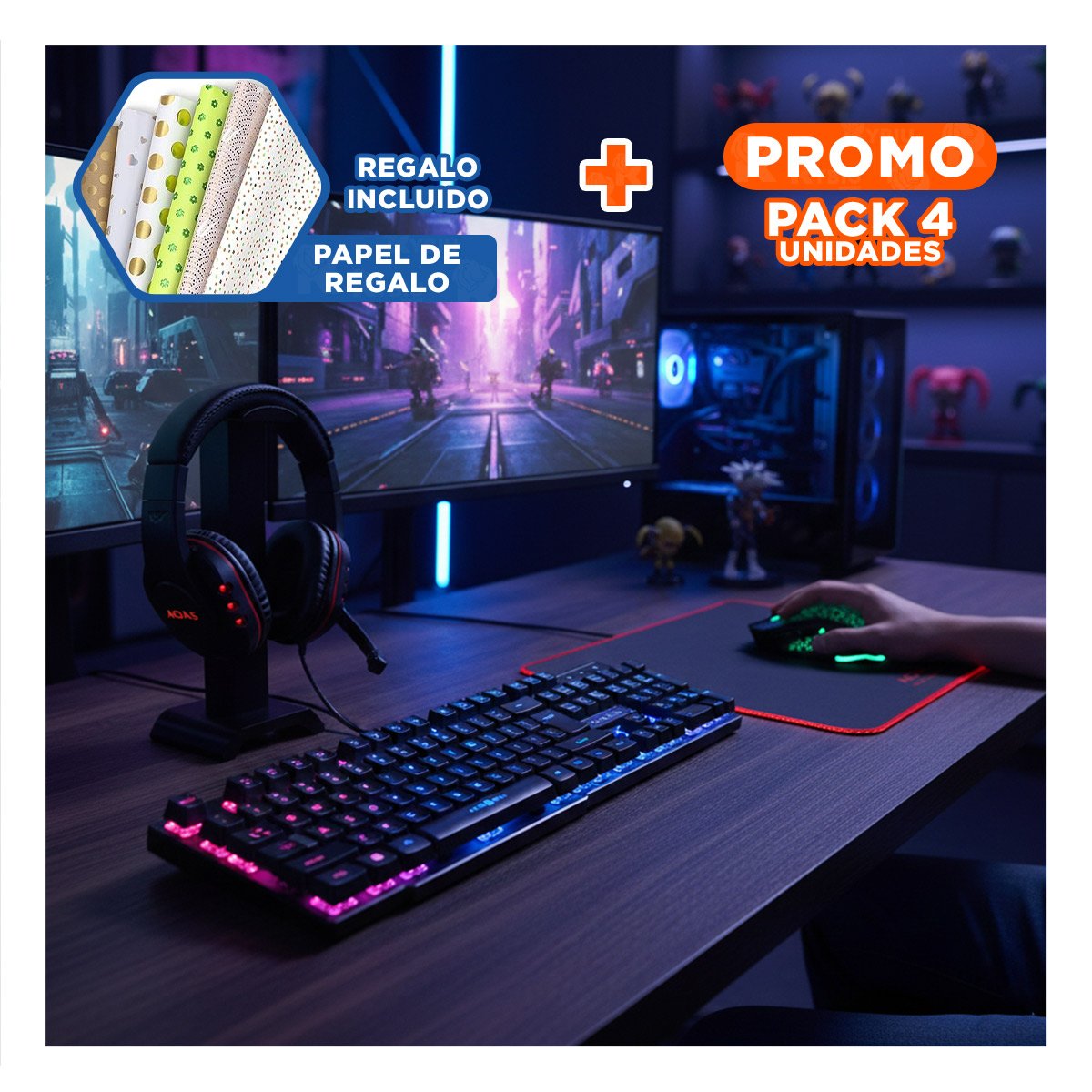 PACK4 KIT GAMER SUPREME 4 EN 1 CON LUCES PARA ESCRITORIO Y HOGAR Y+PAPEL REGALO - 1