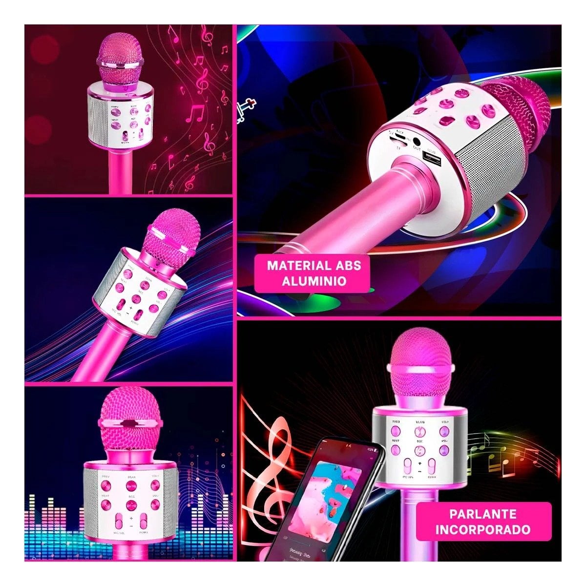 PACK4 MICROFONO BLUETOOTH ROSA CON PARLANTE INTEGRADO PARA KARAOKE EN CASA Y+REGALO STICKER - 2