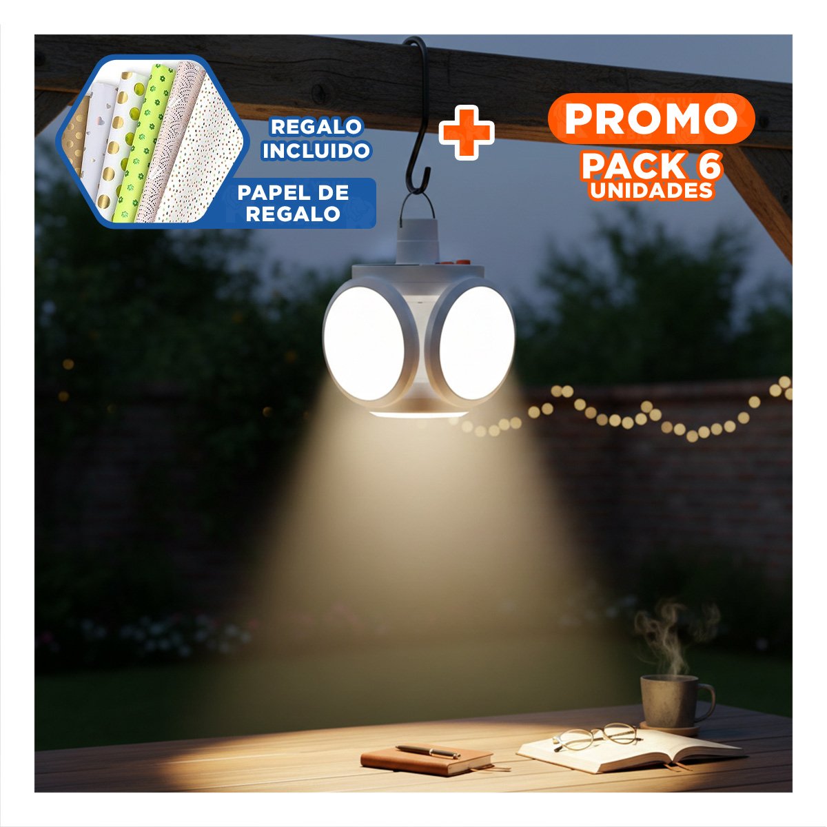 PACK6 BOMBILLA LED RECARGABLE CON PANEL SOLAR CON LUZ AJUSTABLE PARA CASA Y+PAPEL REGALO - 1