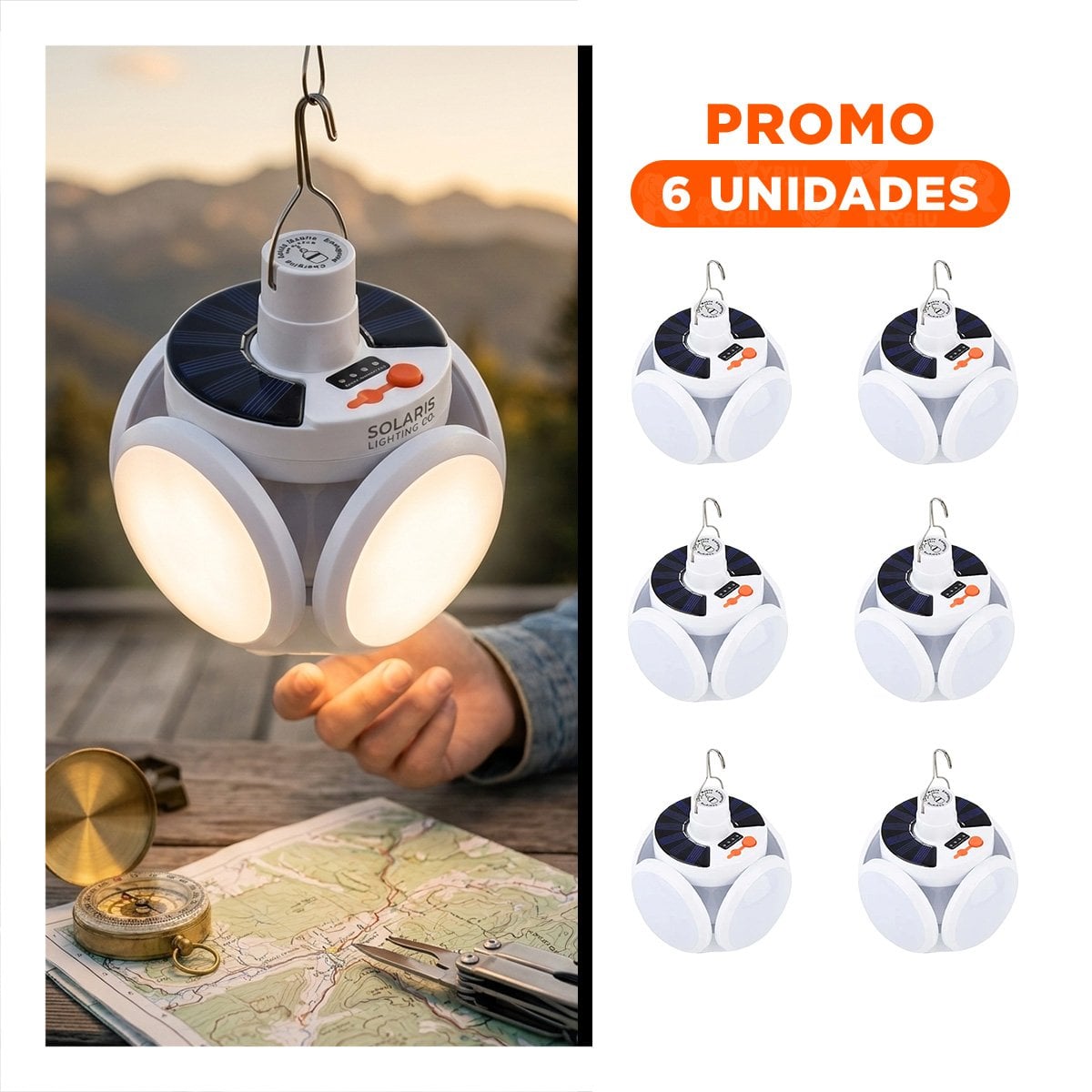 PACK6 FOCO LED RECARGABLE CON PANEL SOLAR CON LUZ REGULABLE PARA DORMITORIO - 1