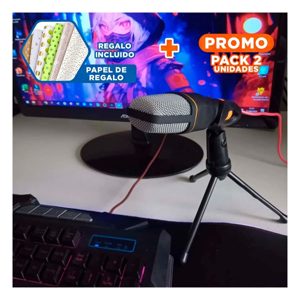 PACK2 SISTEMA DE AUDIO PARA PC CON TRIPODE NEGRO PARA PODCAST Y REUNIONES Y+PAPEL REGALO - 1