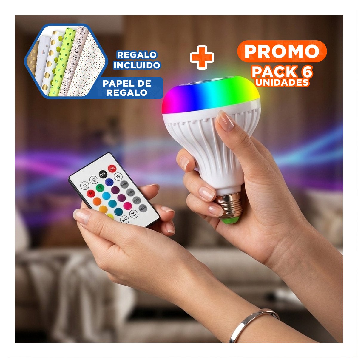 PACK6 BOMBILLA LED MUSICAL BLUETOOTH CON LUZ LED Y CONTROL REMOTO PARA FIESTA Y+PAPEL REGALO - 1
